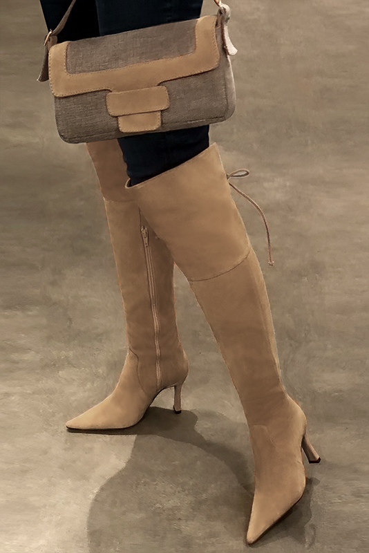 Tan beige women's leather thigh-high boots. Pointed toe. Very high spool heels. Made to measure. Worn view - Florence KOOIJMAN